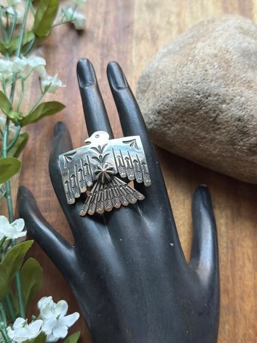 Navajo Sterling Silver Thunderbird Stamped Adjustable Ring Sunshine Reeves - Picture 11 of 12
